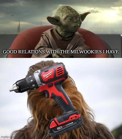 yoda | GOOD RELATIONS WITH THE MILWOOKIES I HAVE | image tagged in yoda good relations,star wars yoda | made w/ Imgflip meme maker