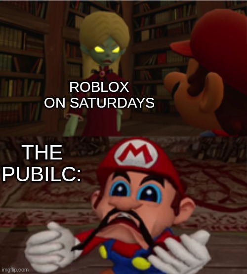 Noooo | ROBLOX ON SATURDAYS; THE PUBILC: | image tagged in noooo,mario,smg4 | made w/ Imgflip meme maker