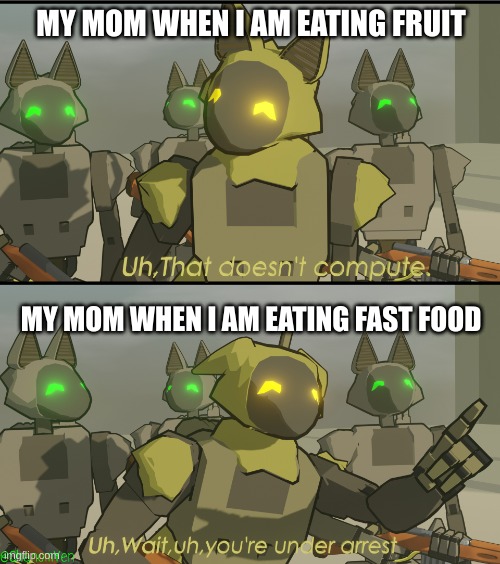 Protogens in Star Wars: that doesn't compute | MY MOM WHEN I AM EATING FRUIT; MY MOM WHEN I AM EATING FAST FOOD | image tagged in protogens in star wars that doesn't compute | made w/ Imgflip meme maker
