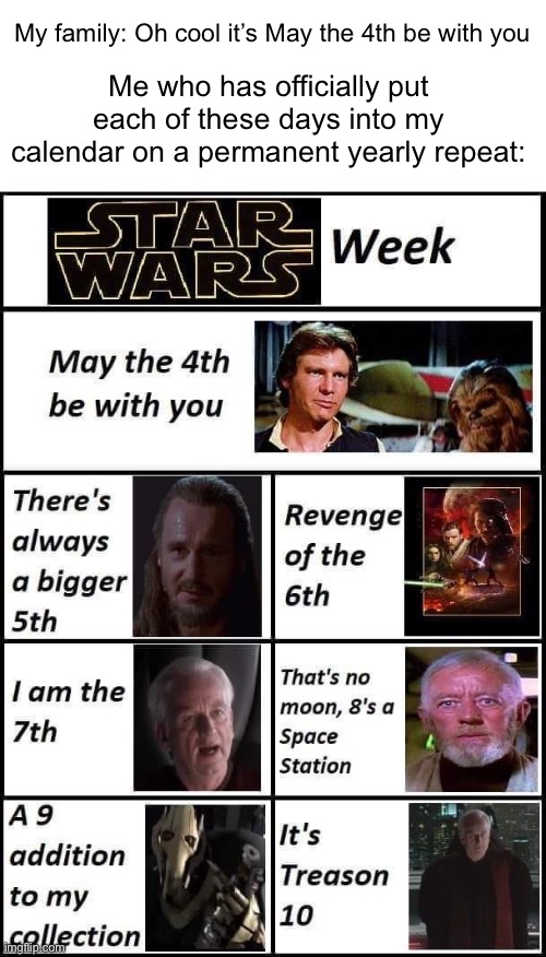 Today everyone around me hates me for quoting SW every 5min—the dark side is a path to many abilities many consider unnatural | My family: Oh cool it’s May the 4th be with you; Me who has officially put each of these days into my calendar on a permanent yearly repeat: | image tagged in star wars | made w/ Imgflip meme maker