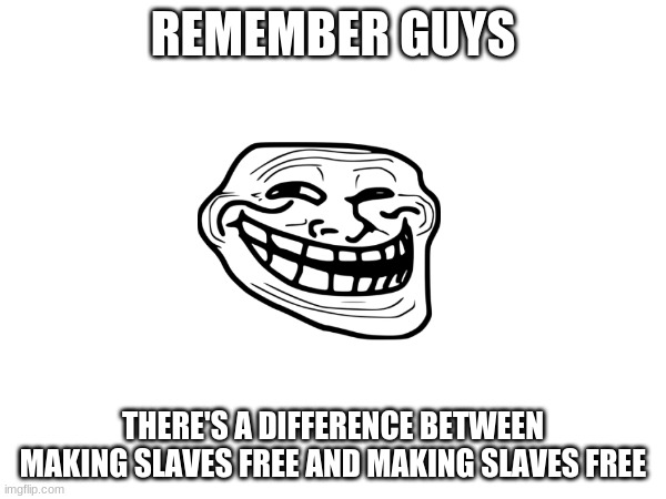there's a big difference there | REMEMBER GUYS; THERE'S A DIFFERENCE BETWEEN MAKING SLAVES FREE AND MAKING SLAVES FREE | image tagged in a little bit of trolling | made w/ Imgflip meme maker