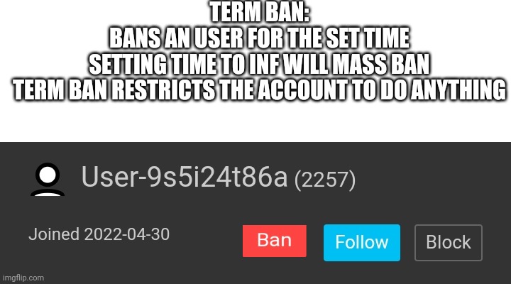 TERM BAN:
BANS AN USER FOR THE SET TIME
SETTING TIME TO INF WILL MASS BAN
TERM BAN RESTRICTS THE ACCOUNT TO DO ANYTHING | image tagged in suggestion | made w/ Imgflip meme maker