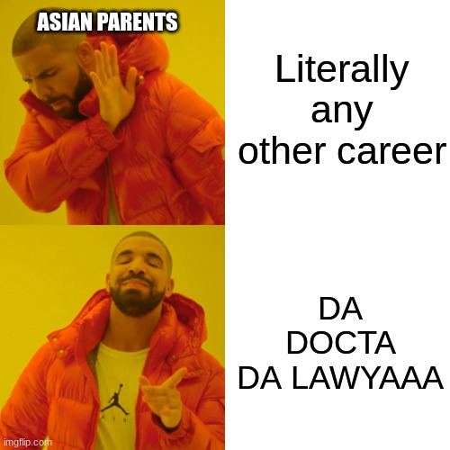 Choose wisely | Literally any other career; ASIAN PARENTS; DA DOCTA
DA LAWYAAA | image tagged in memes,drake hotline bling | made w/ Imgflip meme maker