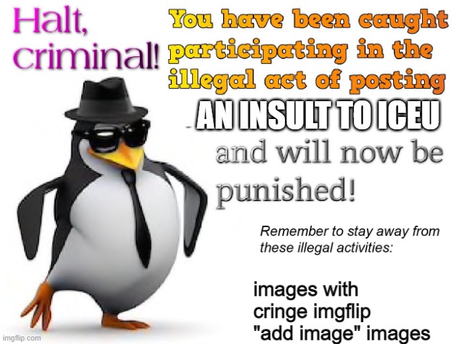 halt criminal! | AN INSULT TO ICEU images with cringe imgflip "add image" images | image tagged in halt criminal | made w/ Imgflip meme maker