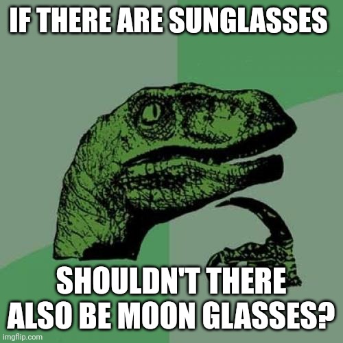 Moon Glasses | IF THERE ARE SUNGLASSES; SHOULDN'T THERE ALSO BE MOON GLASSES? | image tagged in memes,philosoraptor | made w/ Imgflip meme maker