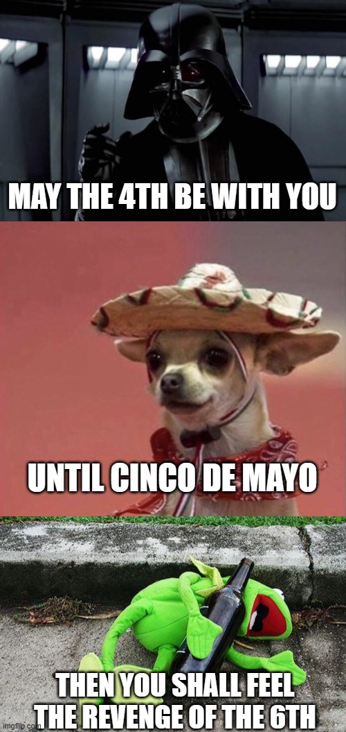 Clever wordplay | MAY THE 4TH BE WITH YOU; UNTIL CINCO DE MAYO; THEN YOU SHALL FEEL THE REVENGE OF THE 6TH | image tagged in darth vader,chihuahua in sumbrero,drunk kermit | made w/ Imgflip meme maker