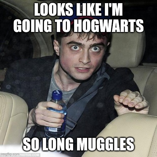 harry potter crazy | LOOKS LIKE I'M GOING TO HOGWARTS SO LONG MUGGLES | image tagged in harry potter crazy | made w/ Imgflip meme maker