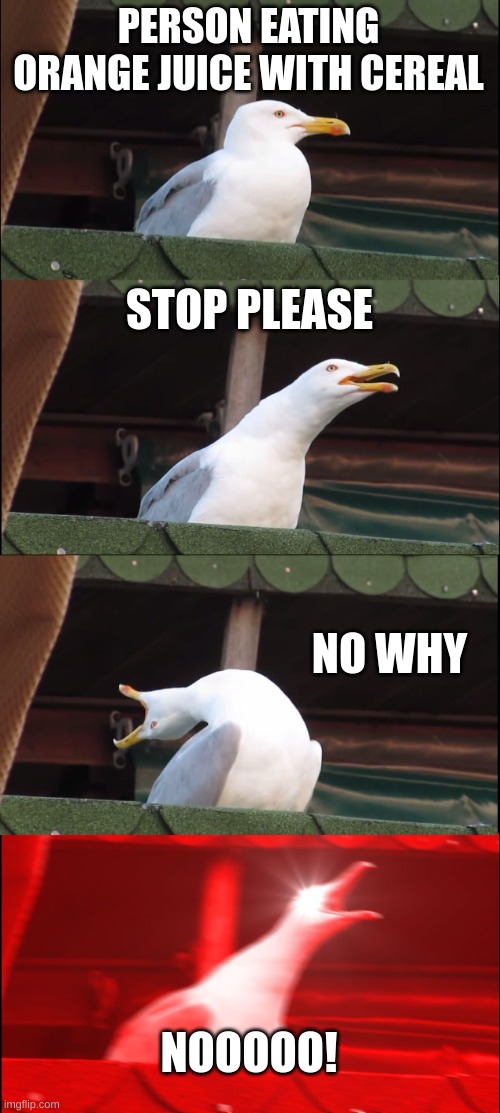 Inhaling Seagull Meme | PERSON EATING ORANGE JUICE WITH CEREAL; STOP PLEASE; NO WHY; NOOOOO! | image tagged in memes,inhaling seagull | made w/ Imgflip meme maker
