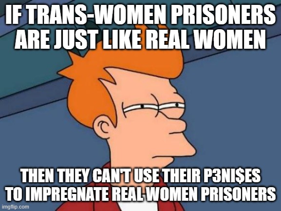 Futurama Fry | IF TRANS-WOMEN PRISONERS ARE JUST LIKE REAL WOMEN; THEN THEY CAN'T USE THEIR P3NI$ES TO IMPREGNATE REAL WOMEN PRISONERS | image tagged in memes,futurama fry | made w/ Imgflip meme maker