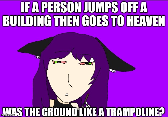 Kind of dark humour. | IF A PERSON JUMPS OFF A BUILDING THEN GOES TO HEAVEN; WAS THE GROUND LIKE A TRAMPOLINE? | image tagged in high afm | made w/ Imgflip meme maker