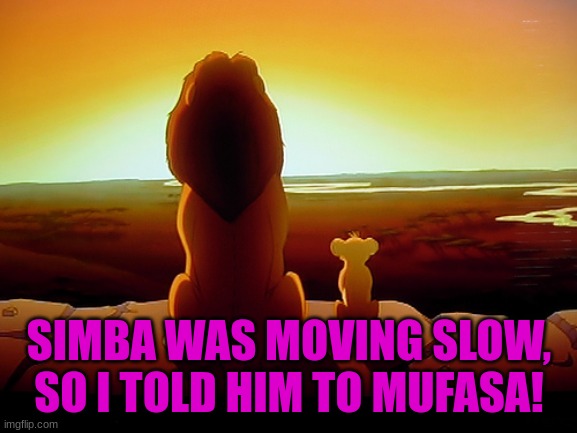 Lion King | SIMBA WAS MOVING SLOW, SO I TOLD HIM TO MUFASA! | image tagged in memes,lion king,bad pun,funny | made w/ Imgflip meme maker