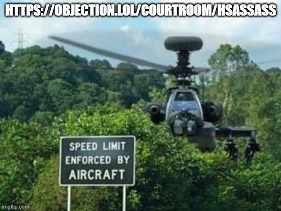 speed limit enforced by aircraft | HTTPS://OBJECTION.LOL/COURTROOM/HSASSASS | image tagged in speed limit enforced by aircraft | made w/ Imgflip meme maker