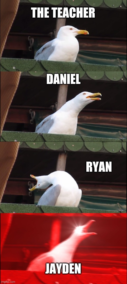 Inhaling Seagull Meme | THE TEACHER; DANIEL; RYAN; JAYDEN | image tagged in memes,inhaling seagull | made w/ Imgflip meme maker