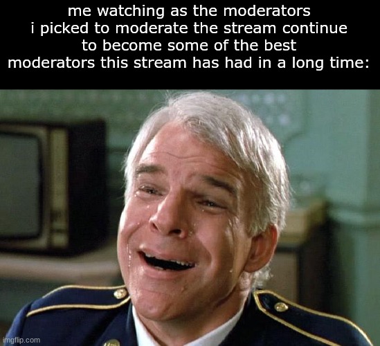 and they didnt ask for mod, and they arent big time popular users, which makes them perfect for the job. | me watching as the moderators i picked to moderate the stream continue to become some of the best moderators this stream has had in a long time: | image tagged in tears of joy steve martin | made w/ Imgflip meme maker