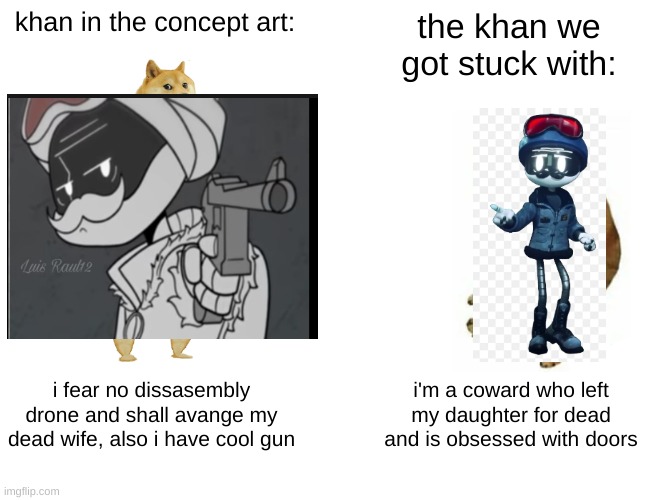 Buff Doge vs. Cheems | khan in the concept art:; the khan we got stuck with:; i fear no dissasembly drone and shall avange my dead wife, also i have cool gun; i'm a coward who left my daughter for dead and is obsessed with doors | image tagged in memes,buff doge vs cheems | made w/ Imgflip meme maker
