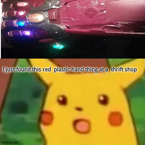I then accidentally flipped myself off with it. | I just found this red  plastic hand thing at a  thrift shop | image tagged in memes,surprised pikachu,funny memes | made w/ Imgflip meme maker