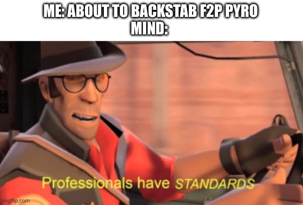 Standerds | ME: ABOUT TO BACKSTAB F2P PYRO
MIND: | image tagged in professionals have standards | made w/ Imgflip meme maker