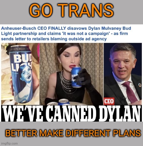 The drink pretending to be beer drops the man pretending to be a woman | GO TRANS; BETTER MAKE DIFFERENT PLANS | image tagged in hold my beer,bud light,dylan | made w/ Imgflip meme maker