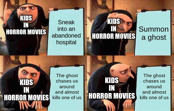 Gru's Plan Meme | KIDS
IN
HORROR MOVIES; KIDS
IN
HORROR MOVIES; Sneak into an abandoned hospital; Summon
a ghost; The ghost chases us around and almost kills one of us; The ghost chases us around and almost kills one of us; KIDS
IN
HORROR MOVIES; KIDS
IN
HORROR MOVIES | image tagged in memes,gru's plan | made w/ Imgflip meme maker