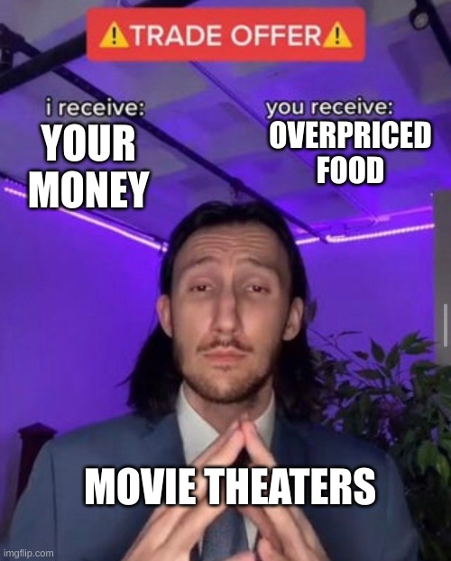 NO BUT FR ISNT THIS TRUE | OVERPRICED FOOD; YOUR MONEY; MOVIE THEATERS | image tagged in i receive you receive | made w/ Imgflip meme maker