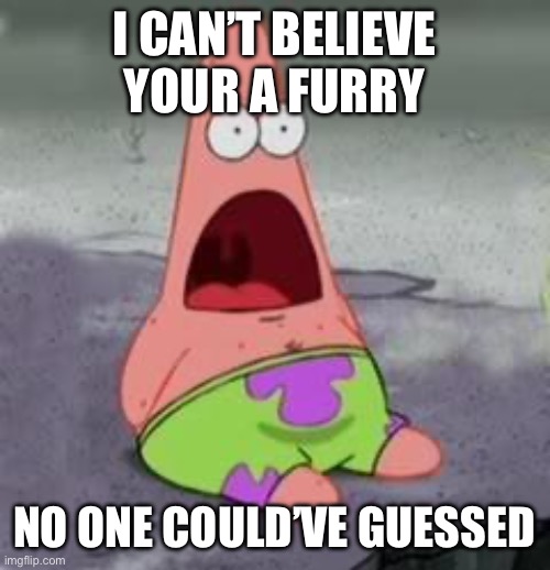 Suprised Patrick | I CAN’T BELIEVE YOUR A FURRY NO ONE COULD’VE GUESSED | image tagged in suprised patrick | made w/ Imgflip meme maker