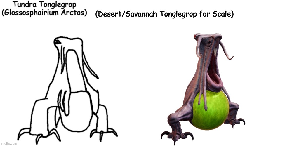 A vegetarian subspecies of Tonglegrop that grows from the Blue Tonglegroplet | (Desert/Savannah Tonglegrop for Scale) | made w/ Imgflip meme maker