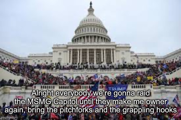 Capitol on January 6 | Alright everybody we’re gonna raid the MSMG Capitol until they make me owner again, bring the pitchforks and the grappling hooks | image tagged in capitol on january 6 | made w/ Imgflip meme maker