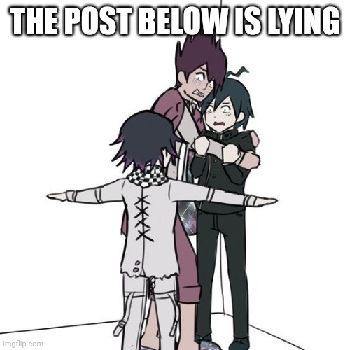 Yall cool lmao | THE POST BELOW IS LYING | image tagged in t-posing kokichi traps kaito and shuichi | made w/ Imgflip meme maker