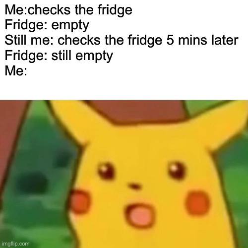 Doesn’t everyone do this? | Me:checks the fridge
Fridge: empty
Still me: checks the fridge 5 mins later
Fridge: still empty
Me: | image tagged in memes,surprised pikachu | made w/ Imgflip meme maker