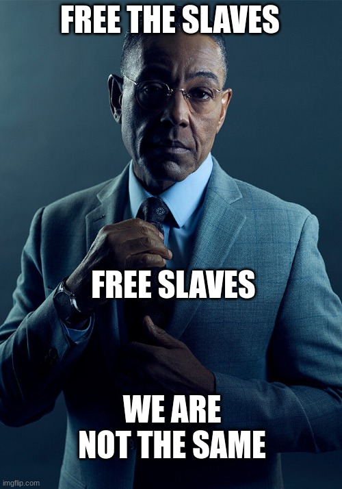 Gus Fring we are not the same | FREE THE SLAVES FREE SLAVES WE ARE NOT THE SAME | image tagged in gus fring we are not the same | made w/ Imgflip meme maker