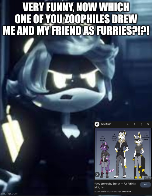 Even N hates furries | VERY FUNNY, NOW WHICH ONE OF YOU ZOOPHILES DREW ME AND MY FRIEND AS FURRIES?!?! | image tagged in n is displeased,murder drones,funny memes | made w/ Imgflip meme maker