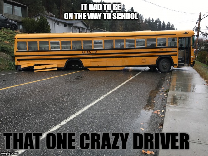 crazy bus drive bro (losses back axle and job) | IT HAD TO BE ON THE WAY TO SCHOOL; THAT ONE CRAZY DRIVER | image tagged in fuuny,bus,school bus fail | made w/ Imgflip meme maker
