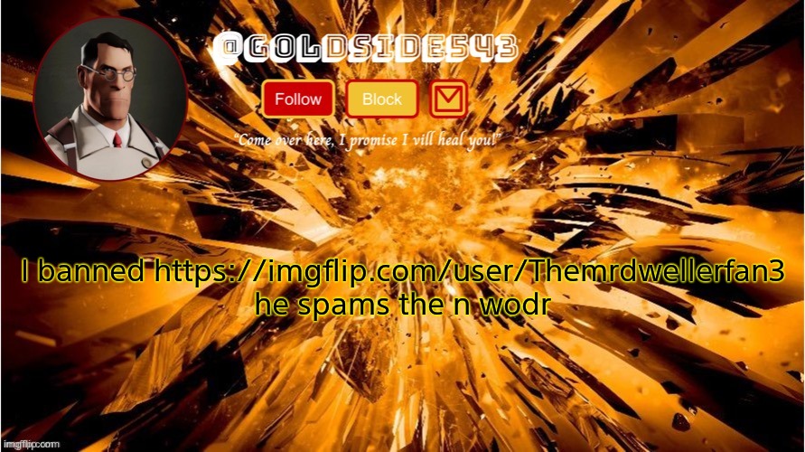 Is that ok? | I banned https://imgflip.com/user/Themrdwellerfan3 he spams the n wodr | image tagged in gold's announcement template | made w/ Imgflip meme maker