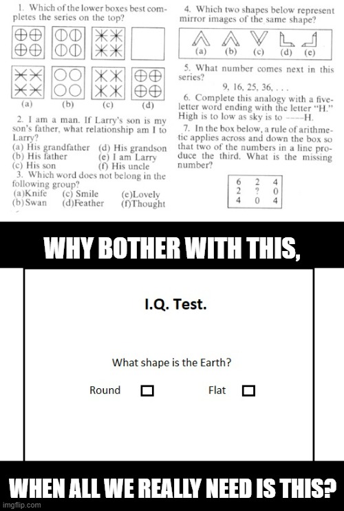 WHY BOTHER WITH THIS, WHEN ALL WE REALLY NEED IS THIS? | image tagged in flat earthers,test | made w/ Imgflip meme maker