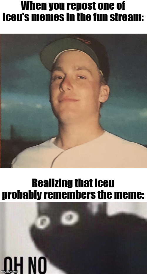This definetly isn't reposted. | When you repost one of Iceu's memes in the fun stream:; Realizing that Iceu probably remembers the meme: | image tagged in oh no cat | made w/ Imgflip meme maker