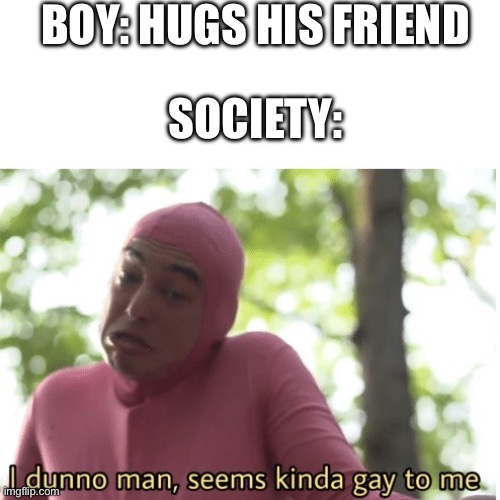 I’m allowed to hug someone | BOY: HUGS HIS FRIEND; SOCIETY: | image tagged in i dunno man seems kinda gay to me,memes,funny | made w/ Imgflip meme maker