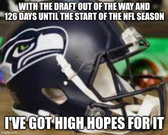 12th man forever | WITH THE DRAFT OUT OF THE WAY AND 126 DAYS UNTIL THE START OF THE NFL SEASON; I'VE GOT HIGH HOPES FOR IT | image tagged in seahawks | made w/ Imgflip meme maker