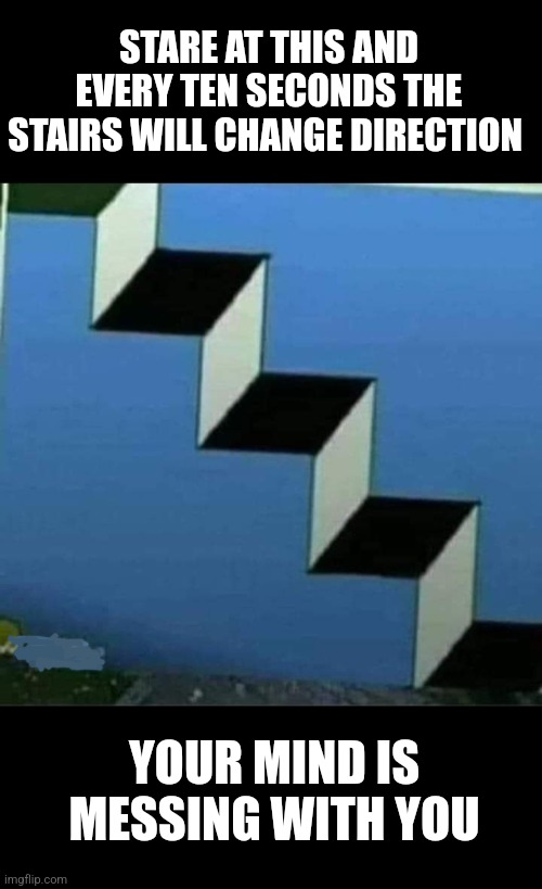 Shifting Stairs | STARE AT THIS AND EVERY TEN SECONDS THE STAIRS WILL CHANGE DIRECTION; YOUR MIND IS MESSING WITH YOU | image tagged in stairs,optical illusion,funny,mind,games | made w/ Imgflip meme maker