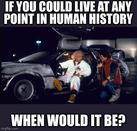 Let's assume this doesn't corrupt the time line | IF YOU COULD LIVE AT ANY
POINT IN HUMAN HISTORY; WHEN WOULD IT BE? | image tagged in time machine | made w/ Imgflip meme maker
