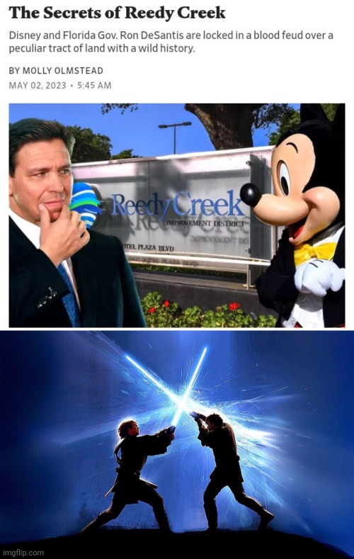 Disney and Florida gov. | image tagged in lightsaber battle,disney,battle,politics,memes,reedy creek | made w/ Imgflip meme maker
