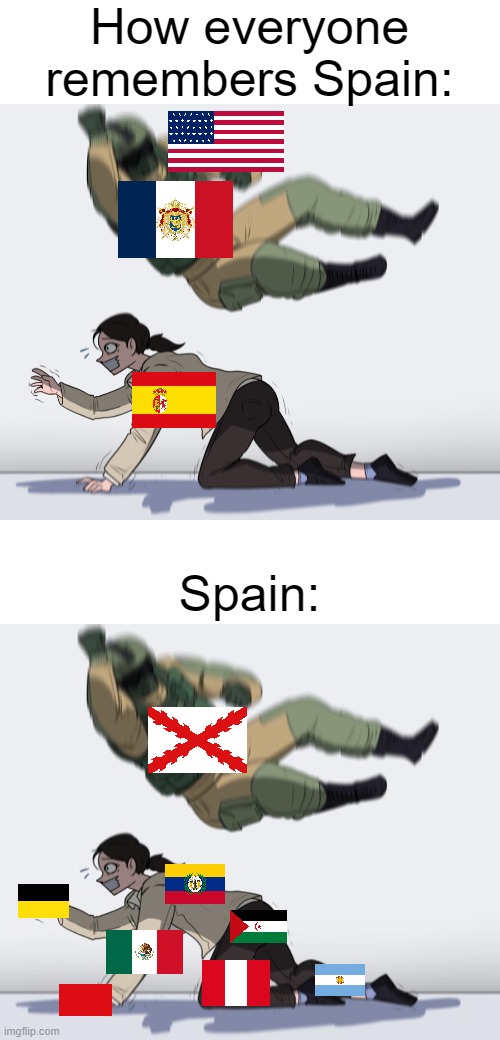 These aren't all the nations since that would've taken up too much space. | How everyone remembers Spain:; Spain: | image tagged in rainbow six - fuze the hostage | made w/ Imgflip meme maker