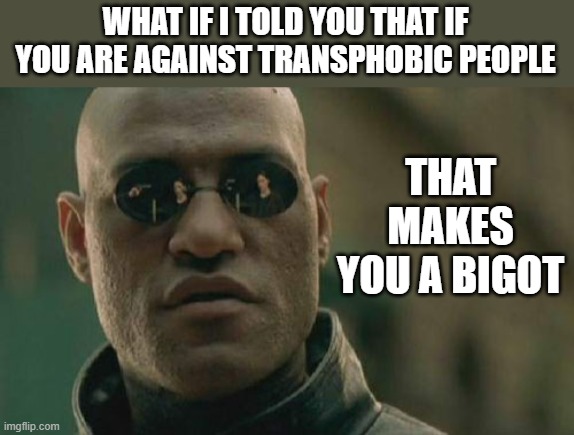 RESPECT OUR RIGHTS | WHAT IF I TOLD YOU THAT IF YOU ARE AGAINST TRANSPHOBIC PEOPLE; THAT MAKES YOU A BIGOT | image tagged in memes,matrix morpheus,bigotry | made w/ Imgflip meme maker