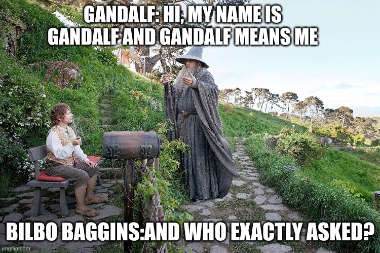 Hobbit Meme | GANDALF: HI, MY NAME IS GANDALF AND GANDALF MEANS ME; BILBO BAGGINS:AND WHO EXACTLY ASKED? | image tagged in reaction | made w/ Imgflip meme maker