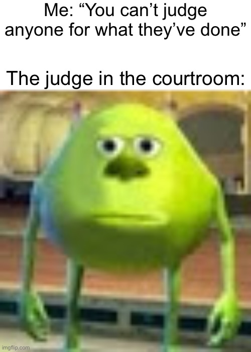 Sully wazowski | Me: “You can’t judge anyone for what they’ve done”; The judge in the courtroom: | image tagged in sully wazowski,monsters inc,memes,funny,funny memes | made w/ Imgflip meme maker