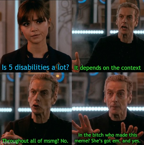 Is Four A Lot | Is 5 disabilities a lot? It depends on the context Throughout all of msmg? No. In the bitch who made this meme? She’s got em, and yes. | image tagged in is four a lot | made w/ Imgflip meme maker