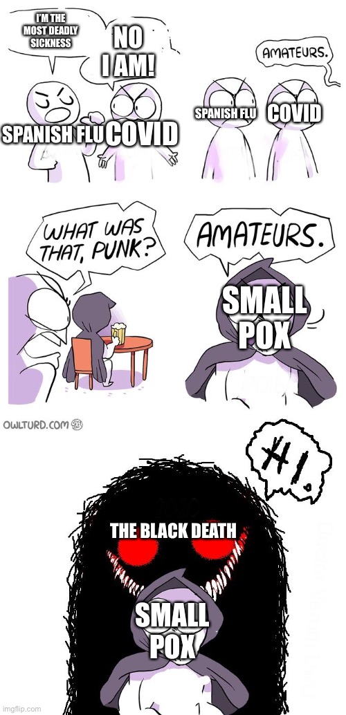 Amateurs 3.0 | SPANISH FLU THE BLACK DEATH COVID COVID SPANISH FLU SMALL POX SMALL POX I’M THE MOST DEADLY SICKNESS NO I AM! | image tagged in amateurs 3 0 | made w/ Imgflip meme maker