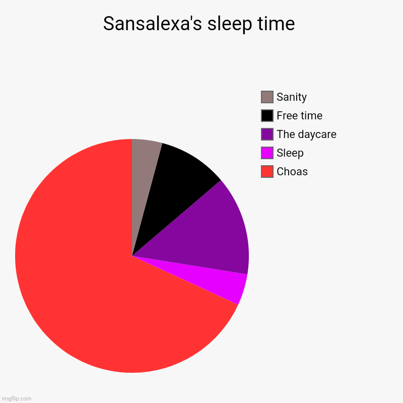 Sansalexa's sleep time | Choas, Sleep, The daycare, Free time, Sanity | image tagged in charts,pie charts | made w/ Imgflip chart maker