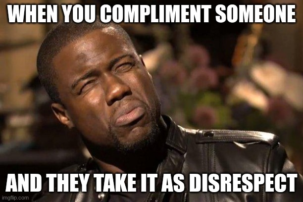 KEVIN HART | WHEN YOU COMPLIMENT SOMEONE; AND THEY TAKE IT AS DISRESPECT | image tagged in kevin hart | made w/ Imgflip meme maker