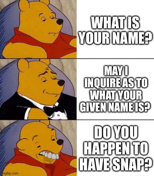 Bro, calm down, he's/she's still a stranger | WHAT IS YOUR NAME? MAY I INQUIRE AS TO WHAT YOUR GIVEN NAME IS? DO YOU HAPPEN TO HAVE SNAP? | image tagged in best better blurst | made w/ Imgflip meme maker