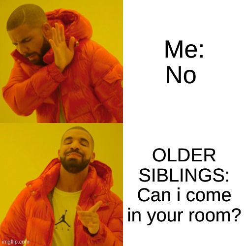 Drake Hotline Bling | Me: No; OLDER SIBLINGS: Can i come in your room? | image tagged in memes,drake hotline bling | made w/ Imgflip meme maker